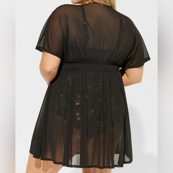 #408 - Torrid Mesh Smock Waist Cover Up Dress Sheer Sexy Lingerie Mini Nightgown - Picture 4 of 11